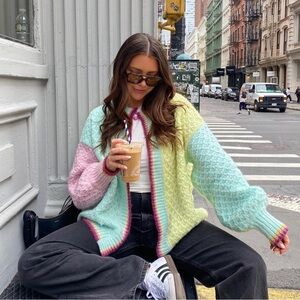 VRG GRL Pastel City of Money Patchwork Wool Blend Open-Front Cardigan Size L